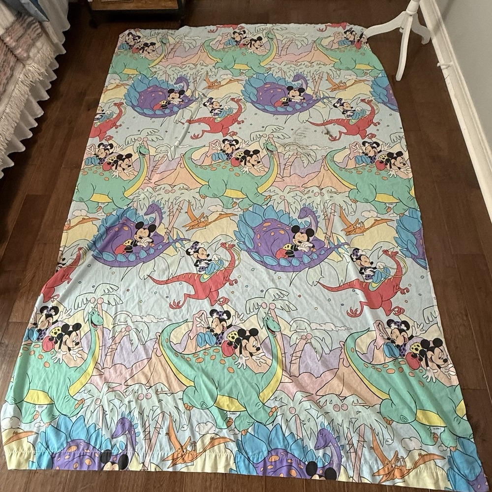 Vintage Disney Mickey Minnie Mouse Dinosaur Flat Sheet Twin 90s Prehistoric Bed‎